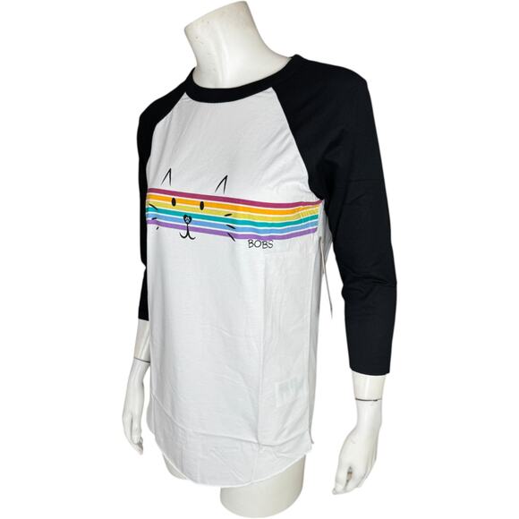 BOBS Skechers‎ Peek A Cat Rainbow Baseball Tee Small NWOT White Black 3/4 Sleeve - Picture 4 of 14